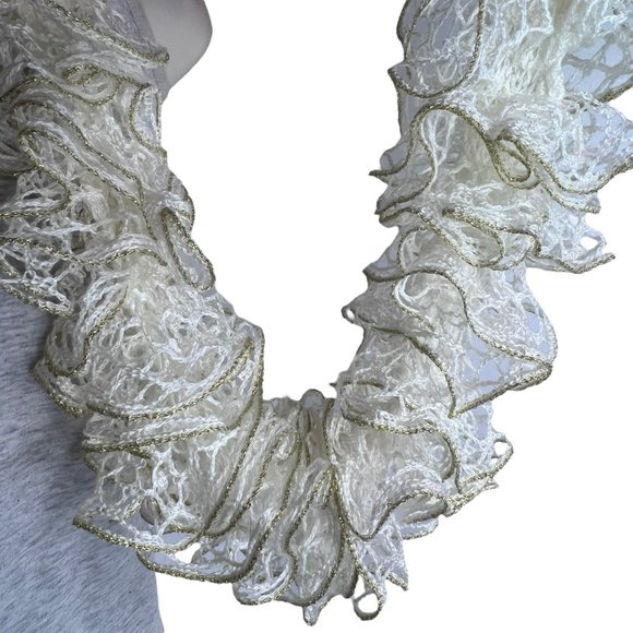 Vintage Cream and Gold Handmade Scarf Descending Scallops Crochet 80 in - Picture 3 of 5